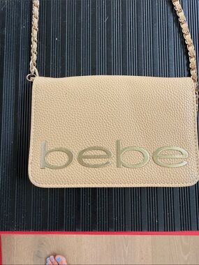 bebe Tan Pebbled Crossbody with Gold Logo Chain